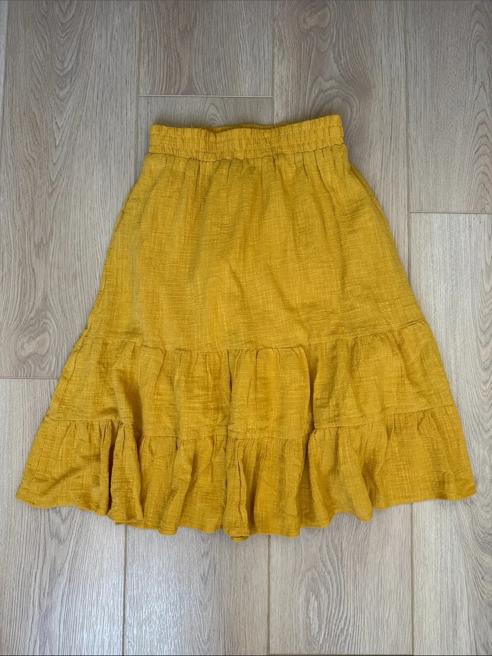 Passport 100% Cotton Yellow Tiered Midi Skirt Crinkle Gauze Boho Elastic Waist S